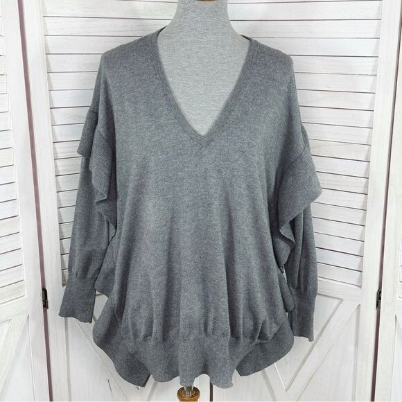 Zara Ruffle Trim Sides V Neck Sweater Grey Medium Dolman Sleeve - Picture 2 of 15